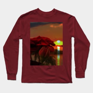 Romantic landscape with red roses over Danube sunset in water reflection Long Sleeve T-Shirt